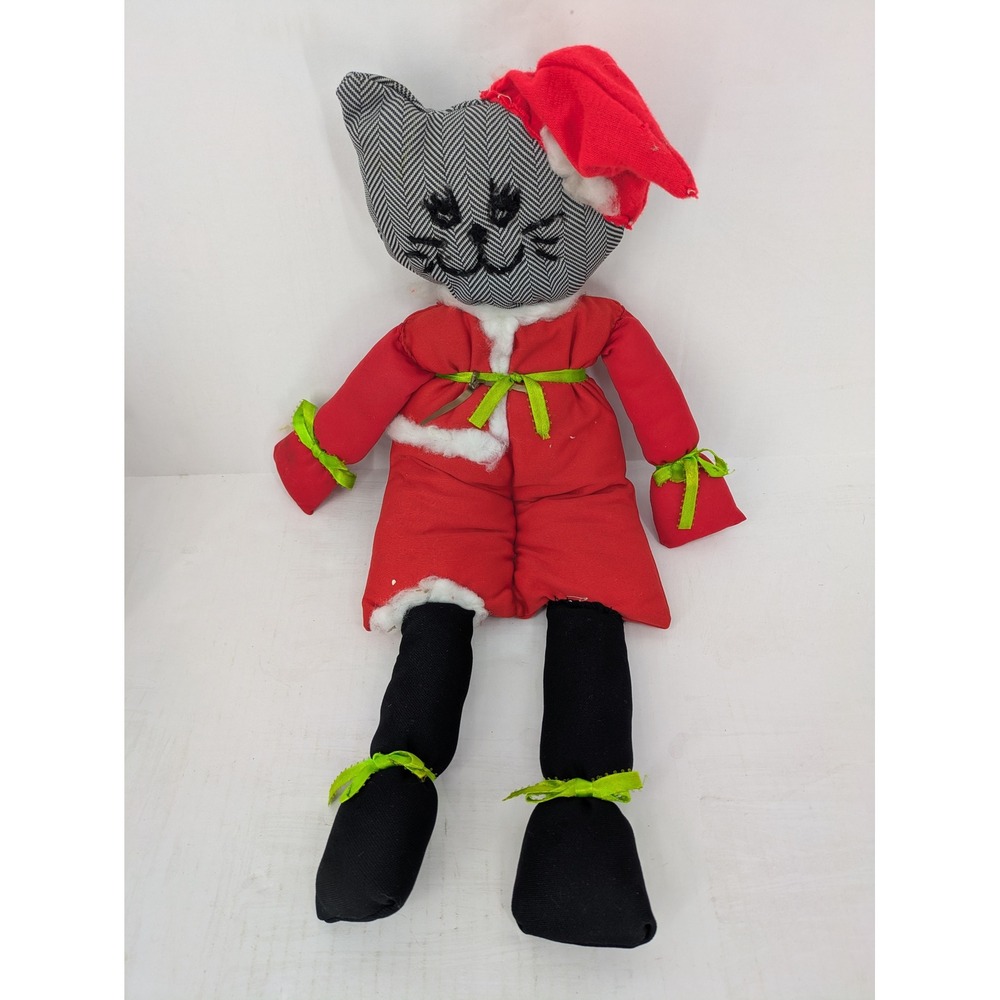 Vintage Christmas Cat Plush Doll Large Grey Santa Outfit Holiday Folk Art Decor